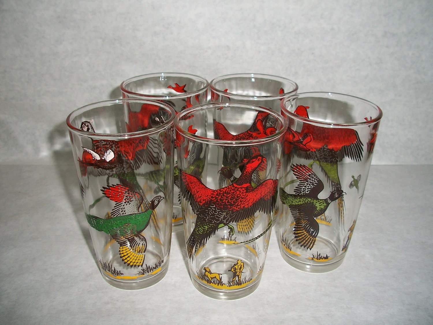 5 Vintage Pheasant Hunting Drinking Glasses Hazel Atlas