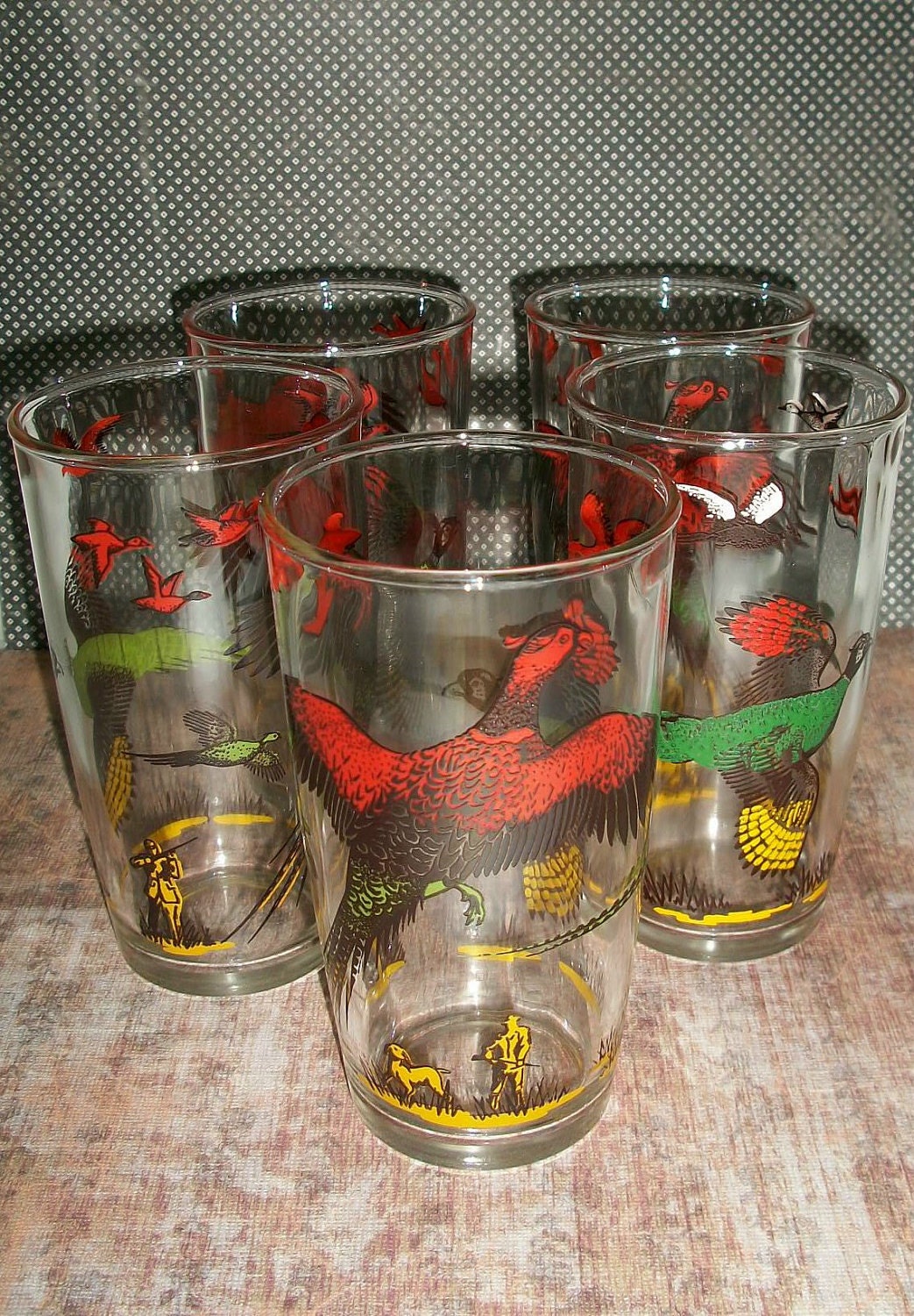 5 Vintage Pheasant Hunting Drinking Glasses Hazel Atlas