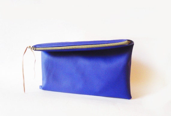 Cobalt blue Clutch purse Fold over Vegan Faux leather Electric blue