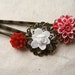 Red Hair Accessories. Flower Hair Pins. Red, White Floral Bobby Pins, Dahlia, Daisy & Lotus. Antique Brass Filigree Bobby Pins. Set of 3.