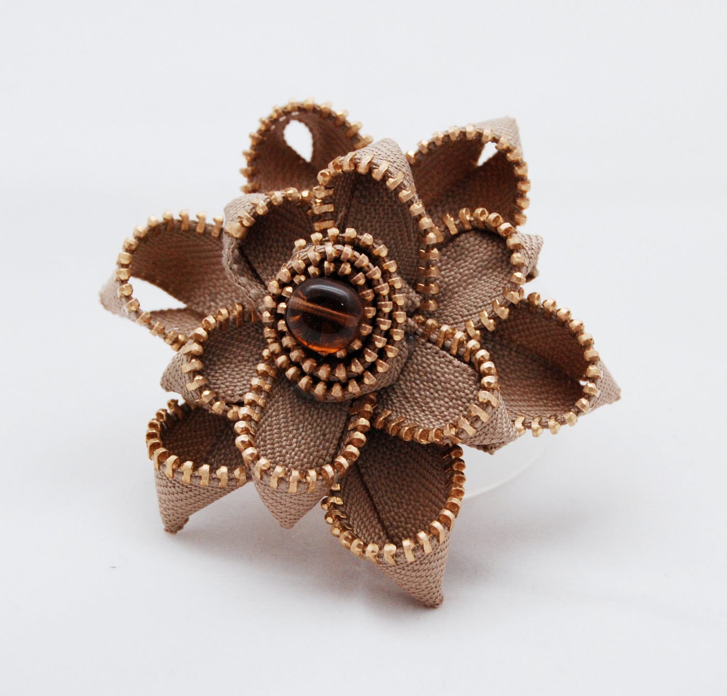 Steampunk Tan Fabric Flower With Gold Metal Zipper Pinbrooch 6120