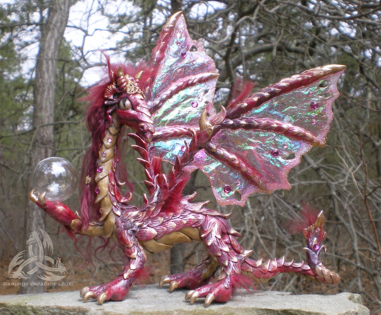 Ruby Red Jeweled Dragon with Crystal Ball OOAK by FairyWillow