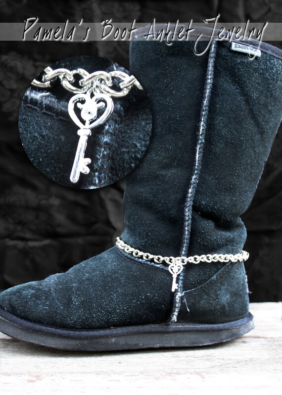 Boot Anklet Jewelry Silver Chain with Rhinestone Key