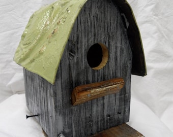 Barn bird house, rustic bird house, functional bird house, antique ceiling tin, Primitive bird house, Small Bird House, Bird House
