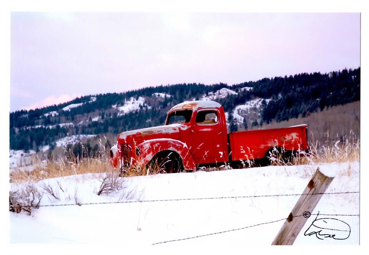 Old red truck snow Wyoming photographic greeting card