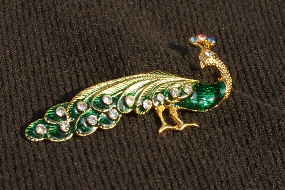 Vintage Peacock Brooch Pin Gold Tone Green Enamel 5923