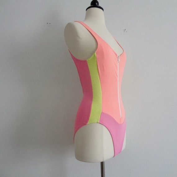 80's bathing suit / neon colorblock one piece swim suit