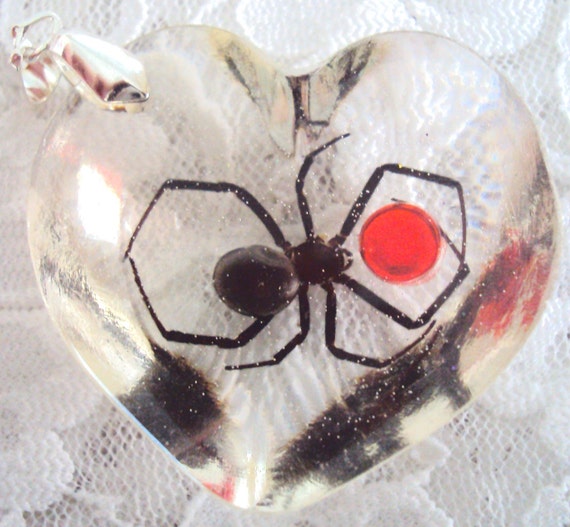 Real Black Widow Spider Clear Resin Heart Pendant by veronica1018