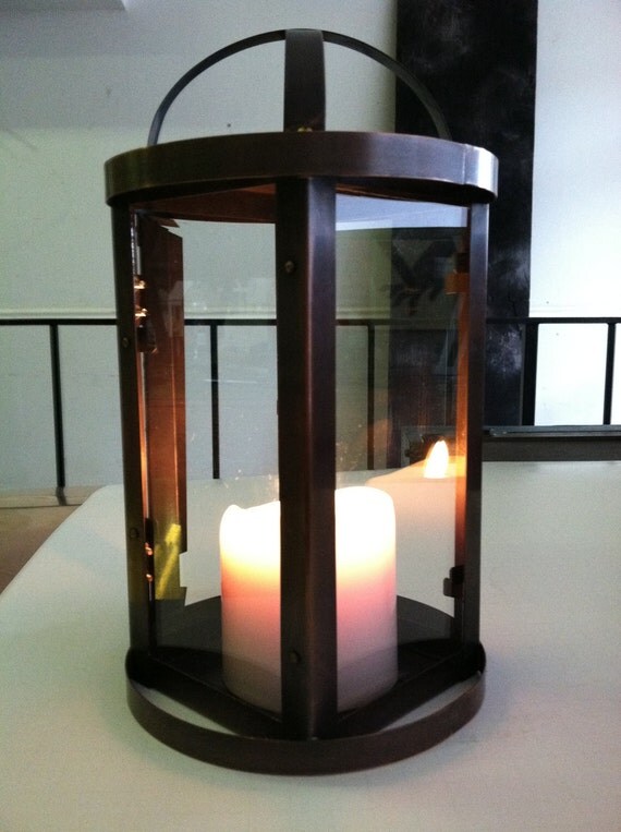 Modern Lantern Style Candle Holder Bronze Patina