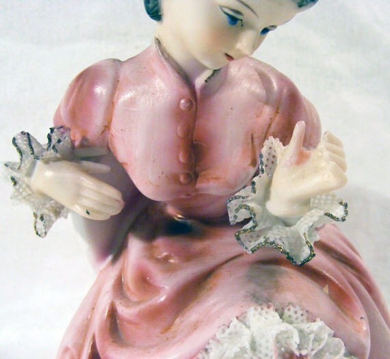 Vintage Porcelain Victorian Lady String Holder Figurine with