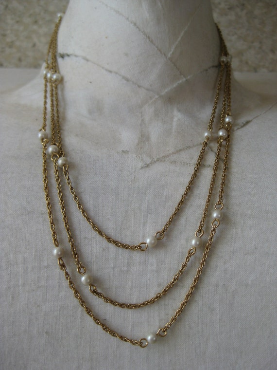 Gold Pearls Three Strand Necklace Chain by whimsywhiffle on Etsy