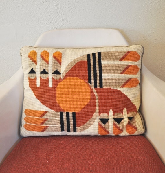 Unique Mid Century Needlepoint Throw Pillow