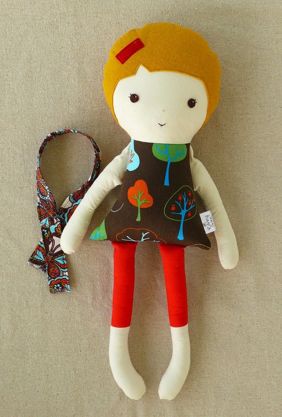 Fabric Doll Rag Doll with Tree Print Dress and Scarf