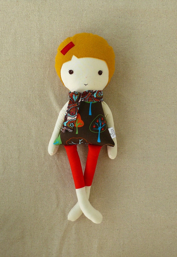 Fabric Doll Rag Doll with Tree Print Dress and Scarf