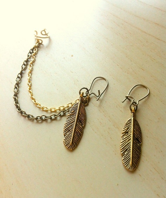 Items similar to Antiqued golden feather ear cuff chain earring on Etsy