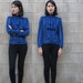 vintage high neck blouse/ 70s ruffle blouse/ blue silk blouse S