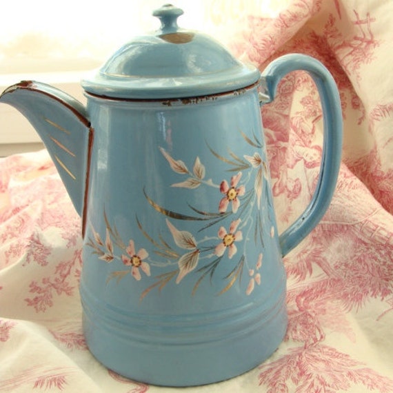 Items similar to Antique French Enamelware Coffee Pot, handpainted, signed on Etsy