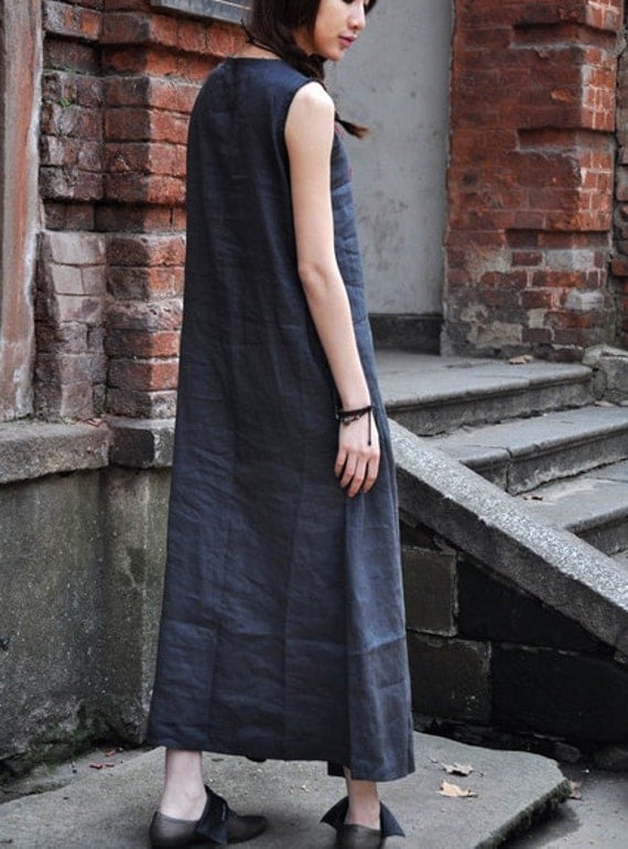Linen Blue Summer Dress / Long Pleated Maxi Dress Gown /maxi