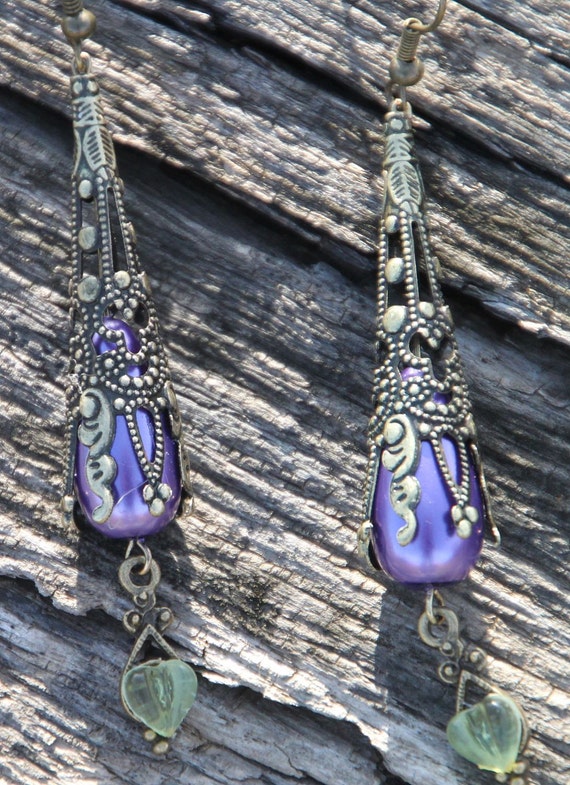 Purple pearl gothic style earrings by RoadJewels on Etsy