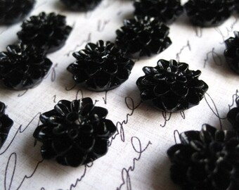 Black Resin Cabochon Flowers / 12 pcs Black Resin Dahlia Mum 15mm