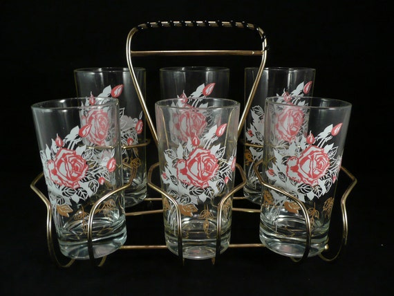 Set Of 1960s Rose Embossed Drinking Glasses With Caddy Holder 9057