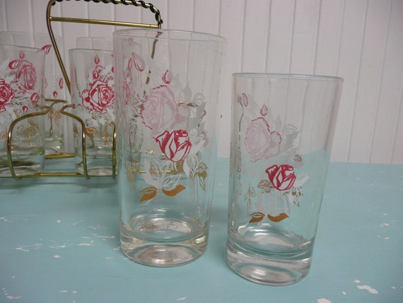 Set Of 1960s Rose Embossed Drinking Glasses With Caddy Holder 3183