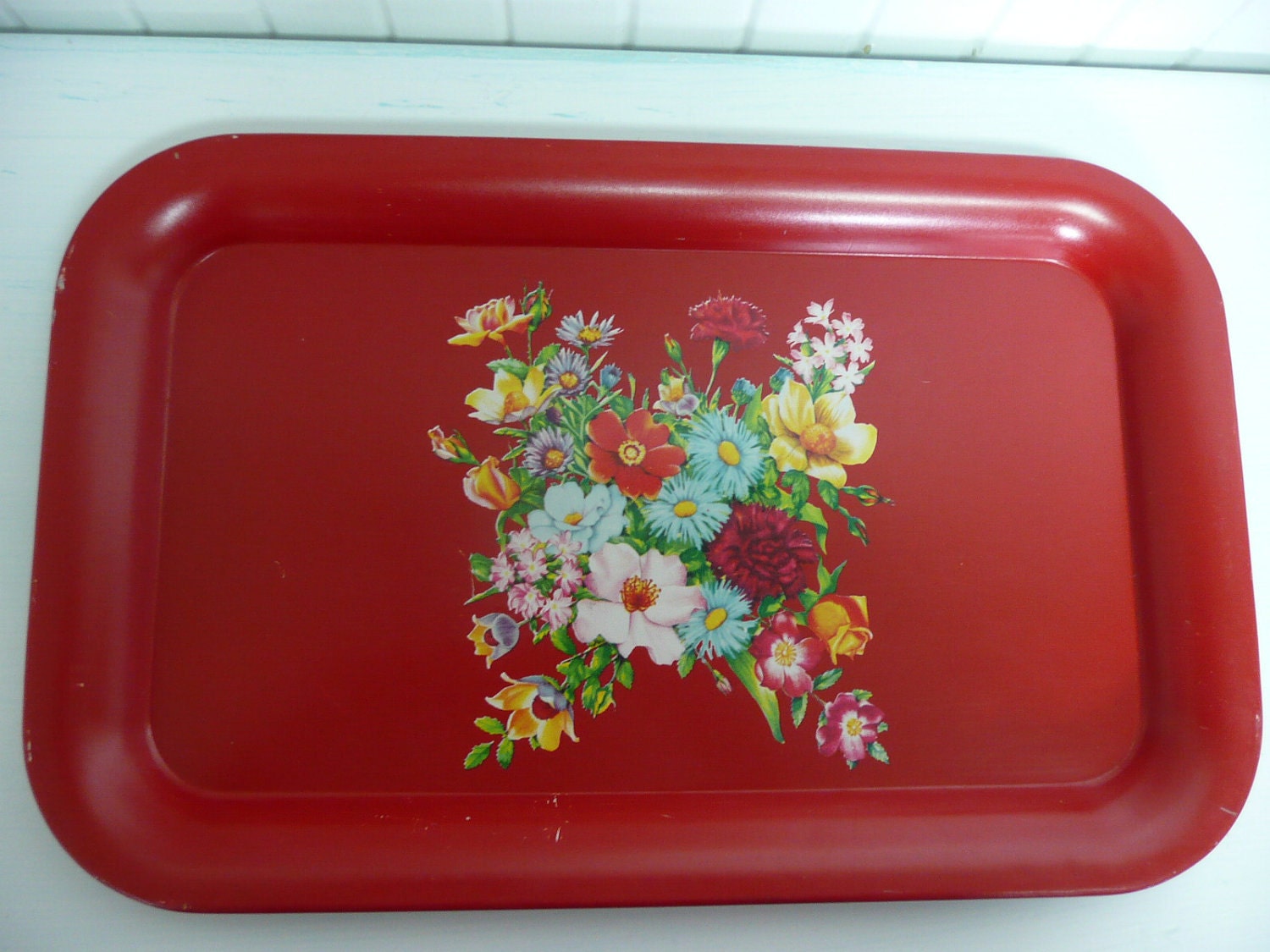 Two Vintage Metal Trays Matching Red with Flower Bouquet