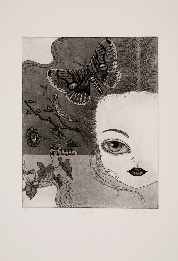 Chrysalis Original Black and White Etching by keikomurakami