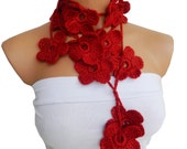 Hand made crochet Red Rubby Flower Lariat Scarf. Fashion Flower Scarves, Necklace...