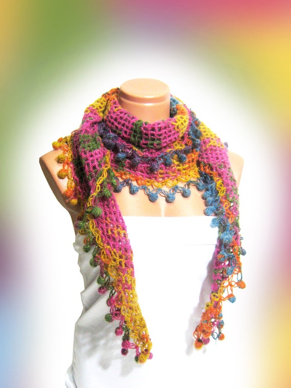 Multicolor hand knit woman scarf. Personalized by