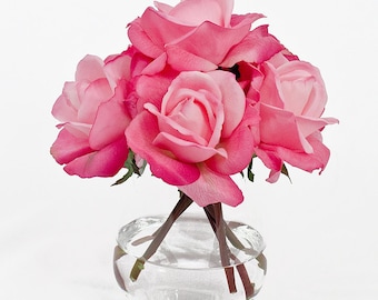 Real Touch Artificial Rose Arrangement with Faux Pink Roses Silk Flowers in Oval Glass Vase for Home Decor and Houseware Flower