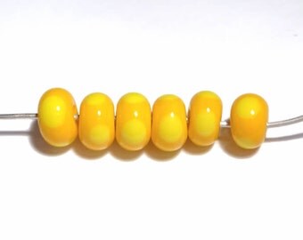 YELLOW Rondelles Handmade Glass Lampwork BEADS Yellow with Lemon Polka Dots Organic Rondelles Set of 6
