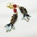 Black blue fish earrings Red aventurine bead Articulated charm Cloisonne enamel Lever back pierced ear wire. Feminine beach beaded jewelry.