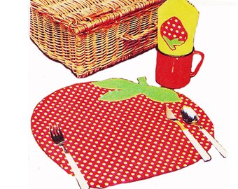1972 Strawberry Shaped Place Mats, Napkins, Coaster, Napkin Rings, Pansy Appliques, Embroidery Border(Transfers) Simplicity Decorator 5473