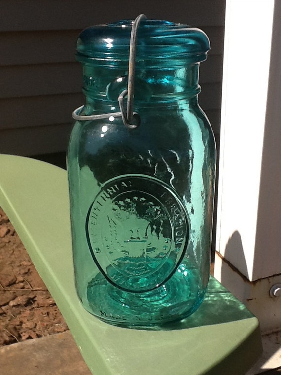 Quart size Bicentennial Blue Mason Jar. Blue Quart Mason Jar.