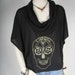 Women Tshirt cowl skull black screen printed Original illustration by Lynda D'Souza Hi Low blouse top size M medium