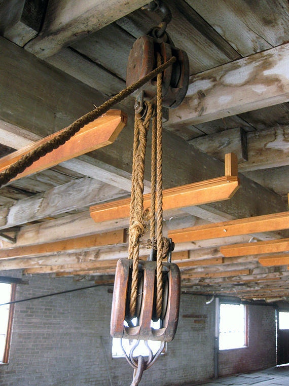 Vintage Double Block and Tackle Hoist with Rope and Hooks
