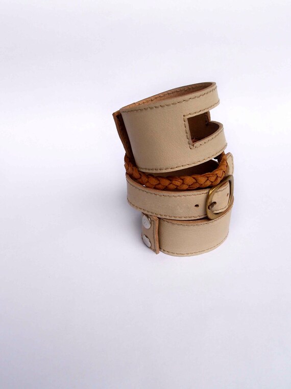 SERENE. Leather cuff set with plait / braid / bracelet. by BaliELF