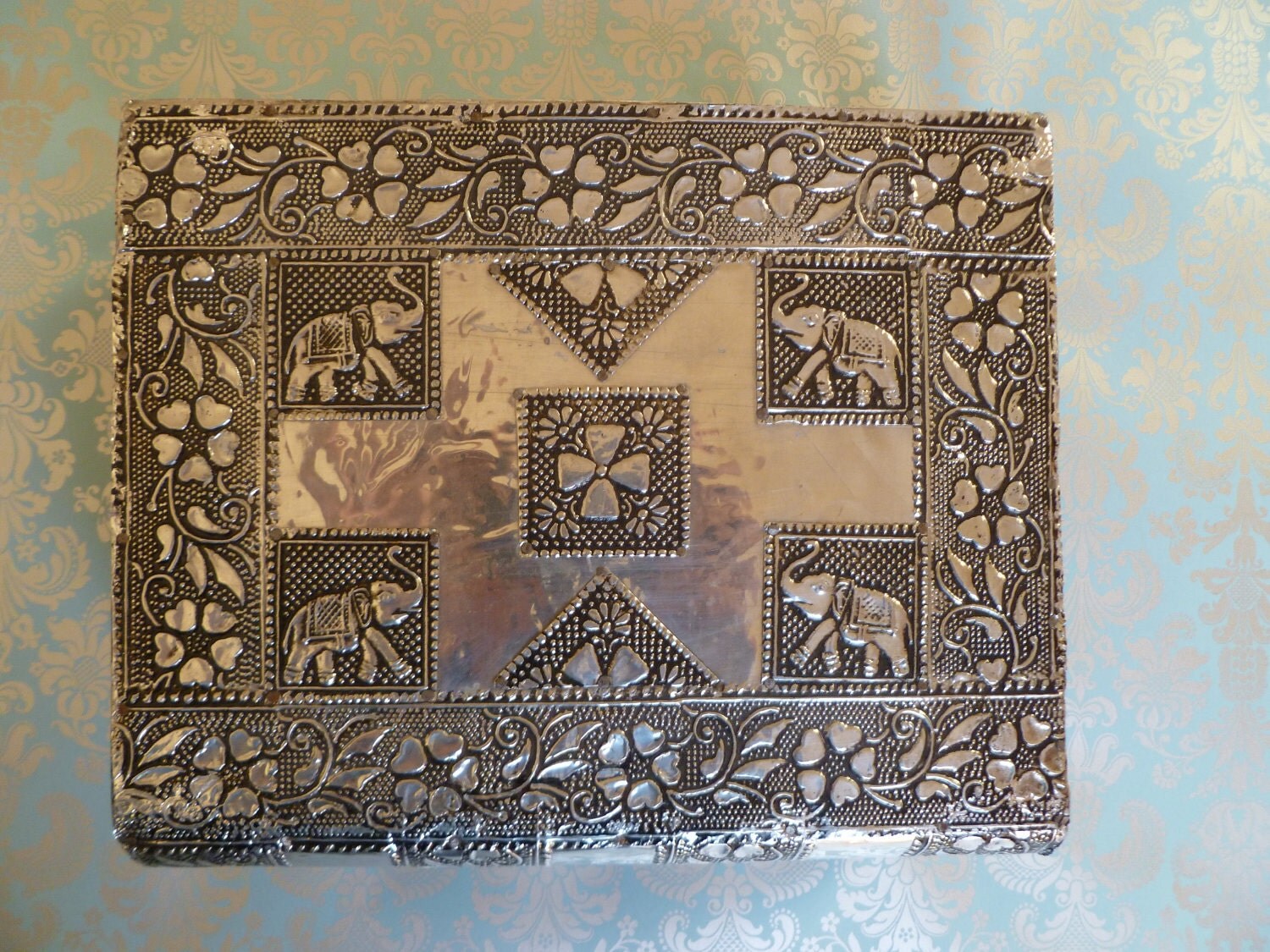 Metal Indian Jewelry Box with Elephants and Purple Velvet