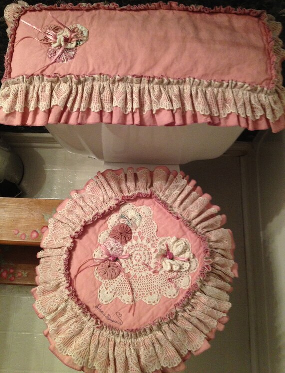 Heart Lace Doily with Flowers Pink Toilet Seat Cover with