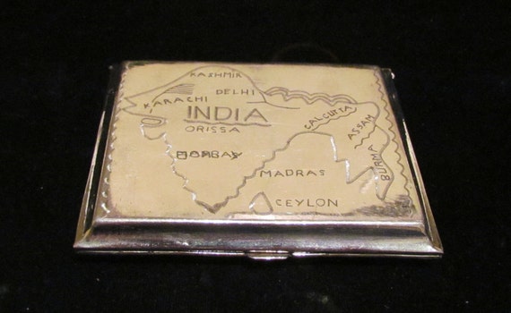 1940s Cigarette Case Map of India Nickel Silver Hand Engraved