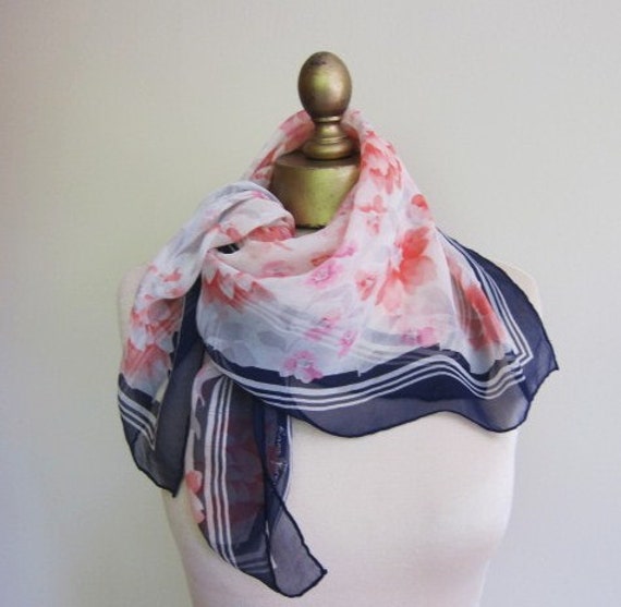 silk chiffon scarf 1950s navy and pink floral Princess