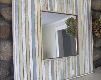 Wood, Recycled, Painted, Mirror, Blues, Greens