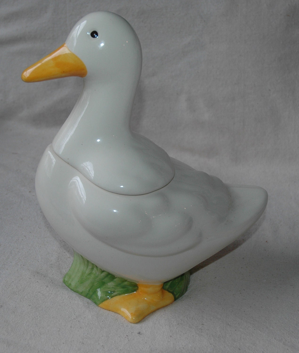 Vintage Ceramic Goose Cookie Jar with Blue Bow Canister Duck