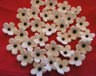 WHITE BLOSSOMS with BLACK Center / Gum Paste Flowers / Edible Cake Topper and Cupcake Decorations
