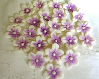 PURPLE and WHITE Gum Paste BLOSSOMS 30 Cake Topper / Cupcake Decorations