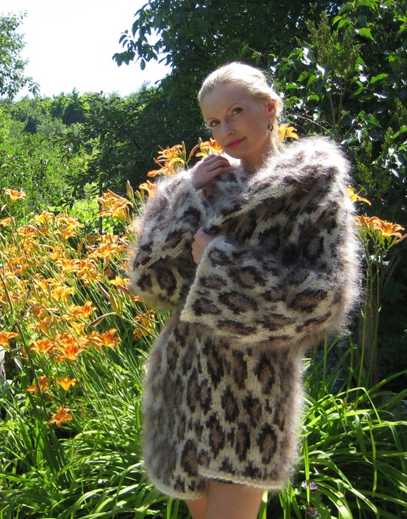 Gorgeous hand knitted mohair sweater coat with leopard