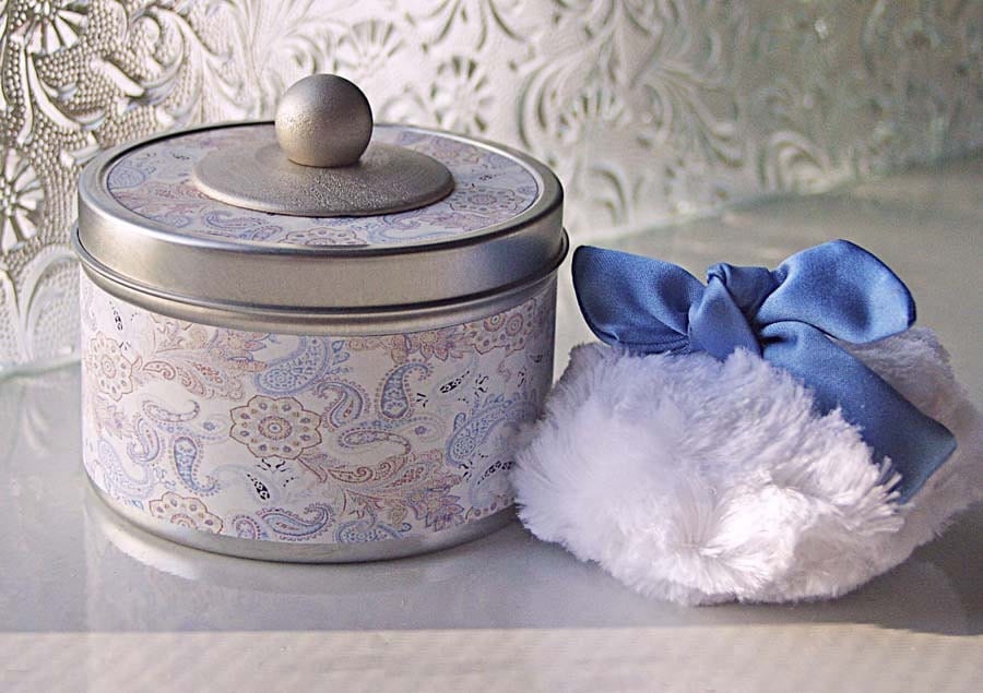 FANCIFUL Powder Tin SET container puff dusting powder BLUE