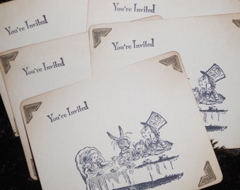 Vintage style Alice in Wonderland Invitations - set of 5 with matching envelopes.
