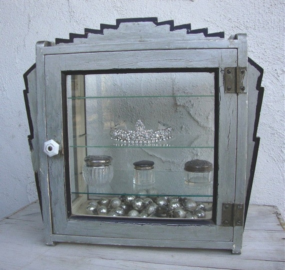 VINTAGE ART DECO Glass Display CaseBlack Gray Paint